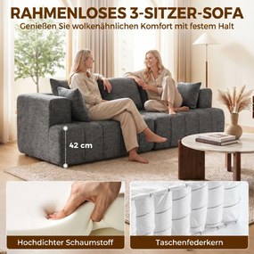 HOMCOM Sofa 3-osobowa, Cloud-sofa z Chenille z grubą warstwą i kieszeniowymi sprężynami, szerokie i głębokie siedzisko, szerokie podłokietniki, poduszki, szara | Aosom PL