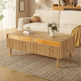 Nowoczesny stolik kawowy - 110 x 50 x 40 cm - z 2 szufladami + diody LED - MDF - naturalny