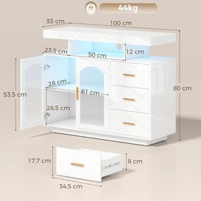 HOMCOM Komoda w wysokim połysku z oświetleniem LED, wbudowanymi gniazdkami, 3 szufladami, półkami i 2 drzwiami akrylowymi, biały | Aosom PL