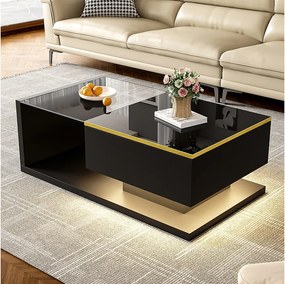 Stolik kawowy błyszczący - 90 x 50 x 32,5 cm - ze szkłem + efekt LED + schowek - płyta wiórowa - czarny