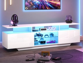 Meble TV wysokopołyskujące 160x40x45cm - z 2 drzwiami i 8 półkami - z oświetleniem LED - MDF - Biały