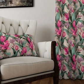 Zasłona dekoracyjna oxford w różowe kwiaty bogaty wzór - szer. 150 cm