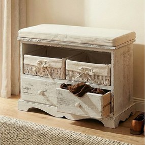 Ławka z 2 koszami w stylu shabby chic,  biała