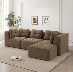 Canapé 3 places modulable, avec pouf et coussins, en velours côtelé, Marron, 297x177x69cm