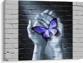 Obraz - Fioletowy motyl na ścianie (70x50 cm)
