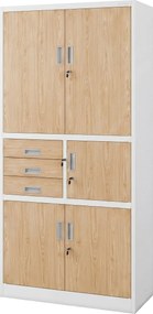 Biurowa szafa metalowa z sejfem biała / dąb sonoma: Eco Design FILIP II, 900 x 1850 x 400 mm