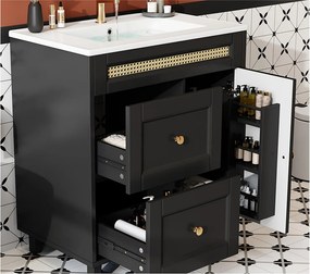 Meble łazienkowe na nogach 76x46x86,5 cm - Ceramiczna umywalka - 2 szuflady i 1 drzwi - Czarny