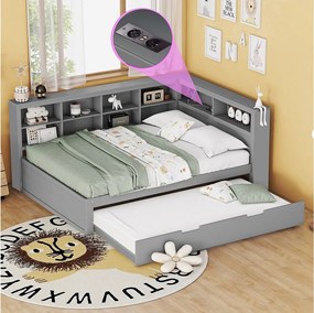 Łóżko dla dorosłych 140 x 200 cm – łóżko wysuwane z portem USB i dużą przestrzenią do przechowywania – szara sosna – materac nie jest wliczony w cenę