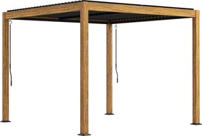 Outsunny Pawilon ogrodowy z żaluzjowym dachem, korbką, aluminium/drewno, 3x3m, Czarny/Naturalny