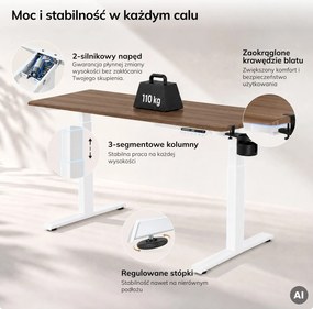 Biurko elektryczne z regulacją wysokości ergonomiczne białe/orzech,1600x800 mm: ARIA