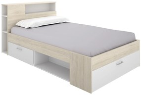 Łóżko z zagłówkiem, schowkami i szufladą - 120 x 190 cm - Naturalny i biały - LEANDRE