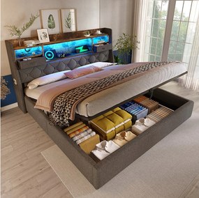 Łóżko ze schowkiem 160x200 cm, łóżko dla dorosłych  z USB i LED, zagłówek ze schowkiem - Szary len (bez materaca)