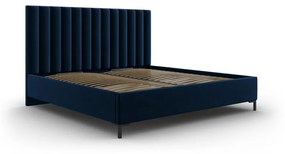 Ciemnoniebieskie tapicerowane łóżko dwuosobowe ze schowkiem i stelażem 200x200 cm Casey – Mazzini Beds