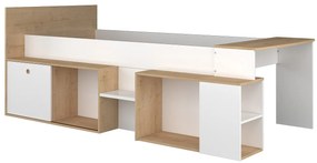 Łóżko piętrowe 90 x 200 cm z biurkiem i schowkami - Biała i naturalna + Stelaż + Materac - PALOMA