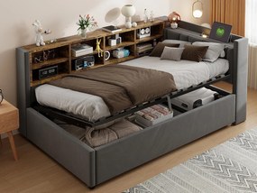 Tapicerowana sofa z funkcją spania i schowkiem 90×200 cm - z oświetleniem - z portem USB i Type-C - Aksamit - Ciemnoszary (bez materaca)