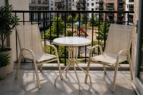 Zestaw mebli na balkon Boston 019 - okrągły stolik szklany i 2 krzesła, kolor beżowy