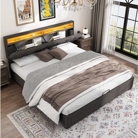 Łóżko tapicerowane ze schowkiem - 160 x 200 cm - z oświetleniem LED + szuflady + chowany zagłówek - len - szary