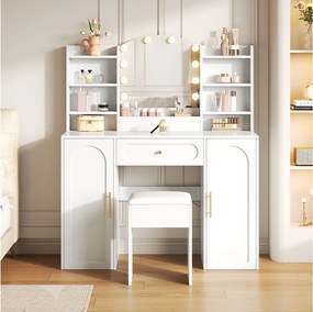 Nowoczesna toaletka - 110 x 40 x 132 cm - z diodami LED + lustro + stołek + szuflada + 2 drzwi - MDF + płyta wiórowa - biała