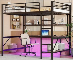 Łóżko mezzanine 140x200 cm - z barierkami - z drabiną - z USB i gniazdkami - z oświetleniem LED - z biurkiem + półkami wielopoziomowymi - czarne (bez materaca)