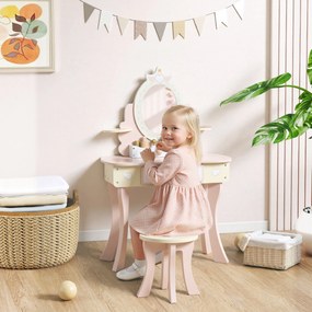 AIYAPLAY Toaletka dziecięca, stołeczek, szuflada, odpinane lustro, biurko dla dzieci z 7 akcesoriami, design 2-w-1, MDF, Różowy