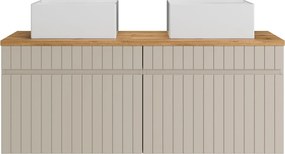 Wisząca szafka łazienkowa prążkowana beżowa z nablatową umywalką kwadratową - 120 cm - SATARA