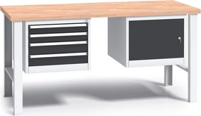 Profesjonalny stół warsztatowy G3 z drewnianym blatem roboczym, 1700 mm, 1x 4 szufladowy kontener, 1x szafka, grafitowy