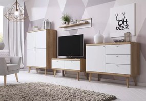 Komoda Bliwon 1-drzwiowa + 3-szuflady 107 cm skandynawska dąb riviera/biały nowoczesna szafka drewniane nogi