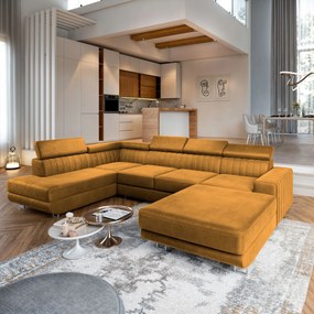 Masseno Narożnik SIENA z funkcją spania i pojemnikiem na pościel Narozniki U, Rozkładana sofa - Żółty, MONOLITH 48