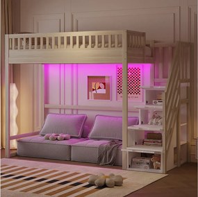 Łóżko piętrowe dla dzieci - 90 x 200 cm - z drabinką + barierką zabezpieczającą + diodami LED - drewno - naturalne