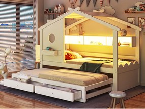 Łóżko domki dziecięce 90x200cm - z łóżkiem chowanym 90x190cm - z 2 szufladami - z portami ładowania USB + Type-C - z oświetleniem LED - biały