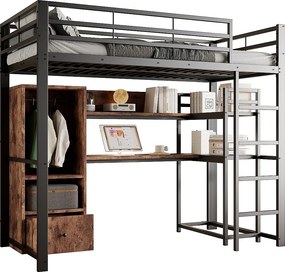 Łóżko na antresoli 140x200 cm – z oświetleniem LED – z biurkiem – z 1 szufladą – ze schodami – czarne