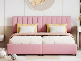 Łóżko z tapicerowanym zagłówkiem z lnu - 180x200cm - przekształcane w 2 pojedyncze łóżka - Różowe