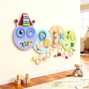 AIYAPLAY Zabawka ścienna 7-w-1, ksylofon, zębatki, design gąsienicy, MDF, 108 cm, kolorowy