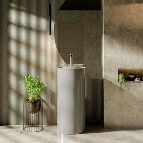 Umywalka z konglomeratu wolnostojąca okrągła szara błyszcząca 87 x 44 cm KALMI GREY GLOW z otworem na baterie : Podłączenie syfonu - Do ściany