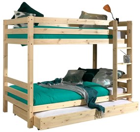 Piętrowe łóżko dziecięce z litego drewna sosnowego ze schowkiem z wysuwanym łóżkiem 90x200 cm w naturalnym kolorze PINO – Vipack