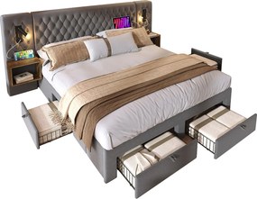 Łóżko tapicerowane dwuosobowe - 160 x 200 cm - z 2 szafkami nocnymi + 4 szufladami + lampką nad wezgłowiem - aksamitne - szare