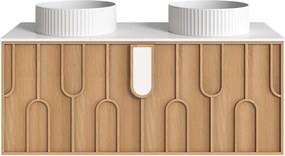 Wiszaca szafka łazienkowa teksturowana z podwójną okrągłą, prążkowaną umywalką nablatową - Jasny naturalny - szer. 120 cm - MERKAN