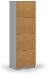 Drewniana szafka skrytkowa, 8 schowków, demontaż, zamek cylindryczny, szary/buk