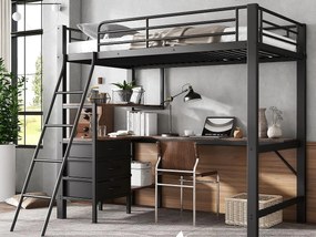 Łóżko mezzanine 90x200cm - z 3 szufladami - z 2m długim stołem - nachylona drabinka czterostopniowa - metal + płyty wiórowe - czarne (bez materaca)
