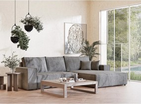 Szary rozkładany/ze schowkiem narożnik z tkaniny szenilowej (prawostronny/z szezlongiem) Maze – Maison de Rêve