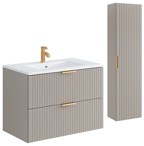 Wisząca szafka łazienkowa z prążkowaną fakturą, z wpuszczaną umywalką i słupkiem – kolor beżowy – 80 cm – ZEVARA