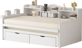 Łóżko banquette 90x200cm z drewna - z łóżkiem wysuwanym 90x190cm i 2 szufladami - z gniazdem USB - Białe