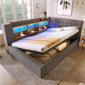 Sofa tapicerowana z funkcją spania - 140 x 190 cm - z oświetleniem LED + schowek hydrauliczny + zagłówek w kształcie litery L ze schowkiem - len - szary