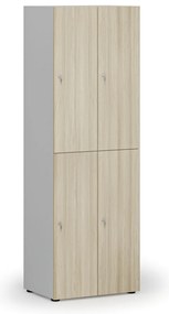 Drewniana szafka skrytkowa S4, 4 schowki, demontaż, zamek cylindryczny, szary/dąb naturalny