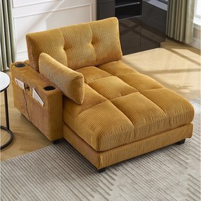 Sofa 1-osobowa z podłokietnikami - Sofa relaksacyjna z 2 uchwytami na kubki i kieszeniami bocznymi - żółty sztruks