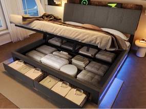Tapicerowane łóżko z pojemnikiem 180x200 cm - z portem USB Type-C - z oświetleniem LED - len - szary​ (materac nie jest wliczony w cenę)