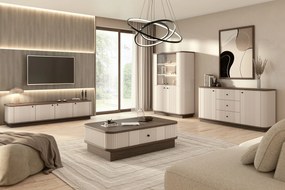 Stolik kawowy z szufladą Vesper 103x60 cm na cokole - kaszmir / orzech / czarny uchwyt