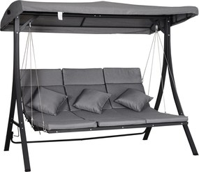 Outsunny Huśtawka Ogrodowa 3-osobowa, w zestawie z poduszkami, odporna na warunki atmosferyczne, 200 cm x 115 cm x 168 cm, Szara