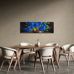 Obraz niebieskich kwiatów w wazonie (z zegarem) (90x30 cm)