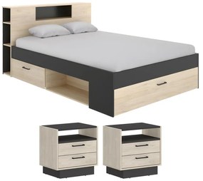 Łóżko- z zagłówkiem, miejscem do przechowywania i szufladami – 140 × 190 cm – kolor: naturalny i antracytowy z szafkami nocnymi - LEANDRE